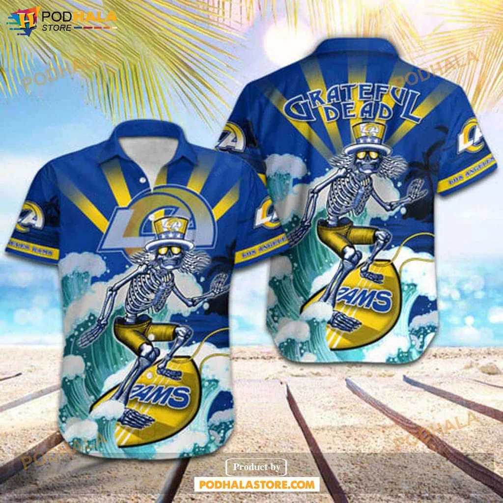 Vintage Skeleton Surfboard Hawaiian Shirt, Los Angeles Rams Skateboarding Design