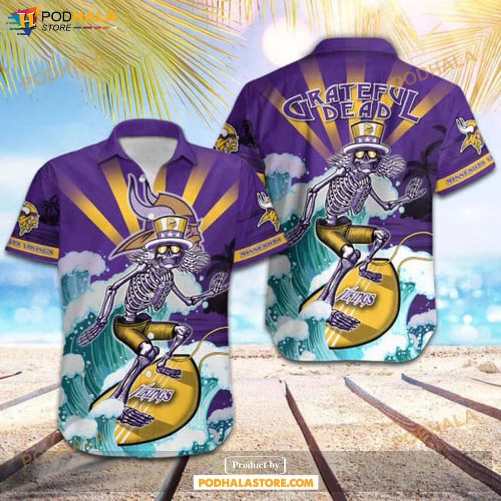 Vintage Skeleton Surfboard Hawaiian Shirt, Minnesota Vikings Skateboarding Design