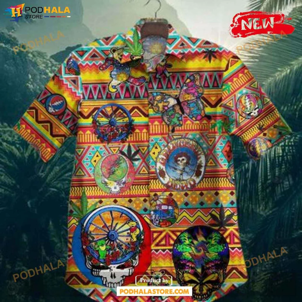 Vintage Skull Aloha Shirt, Colorful Grateful Dead Tropical Mens Shirt