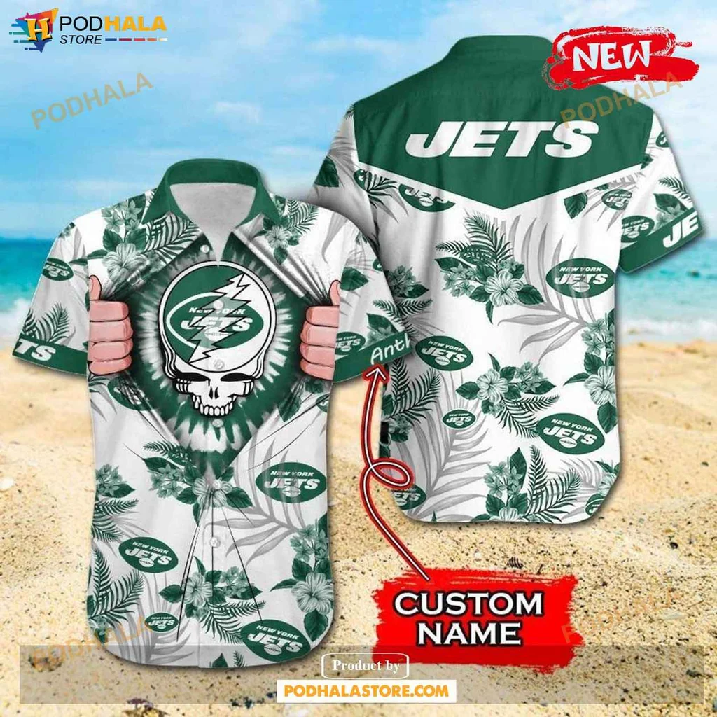 Vintage Skull Beach Hawaiian Shirt New York Jets Grateful Dead Fan Gift Shirt