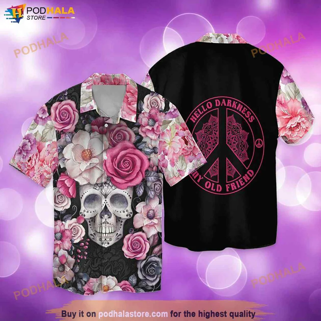 Vintage Skull Floral Hawaiian Shirt, Colorful Hippie Design With Flowers And Humor