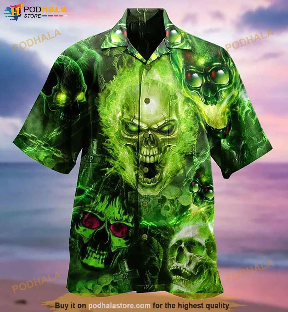 Vintage Skulls Hawaiian Shirt, Bold Green And Black Tropical Design With Red Accents