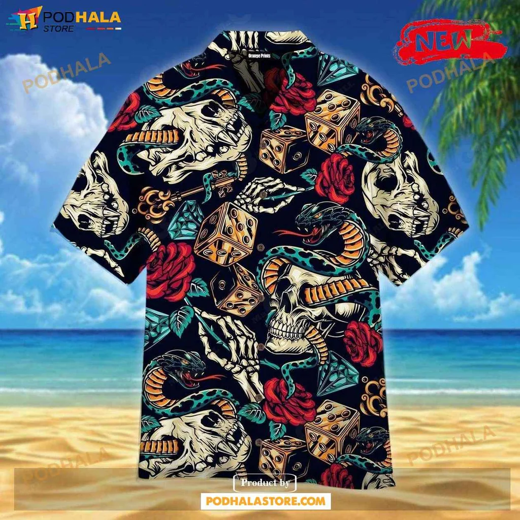 Vintage Skulls Roses Hawaiian Shirt, Colorful Edgy Design For Summer Outings