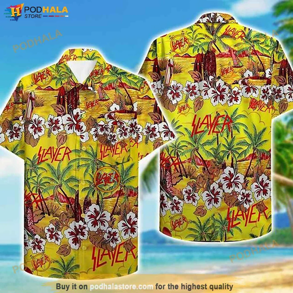 Vintage Slayer Hawaiian Shirt, Bold Tropical Design With Palm Trees And Flowers