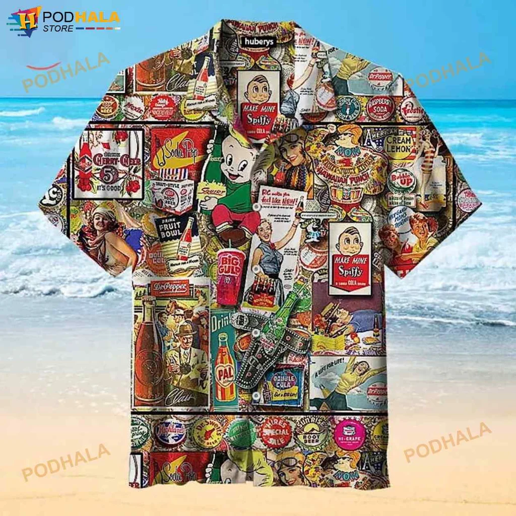 Vintage Soda Pop Hawaiian Shirt With Colorful Retro Advertisements
