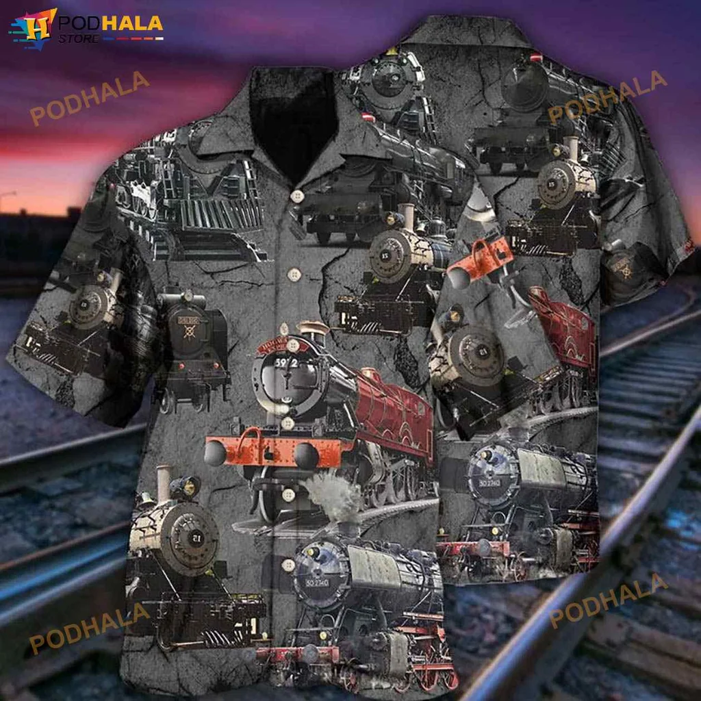 Vintage Steam Locomotive Hawaiian Shirt Featuring Bold Train Illustrations