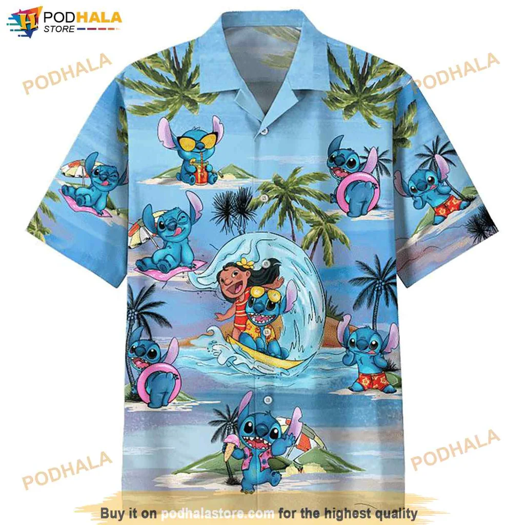 Vintage Stitch Adventure Hawaiian Shirt, Tropical Design With Lilo And Stitch Characters