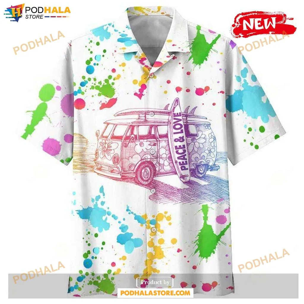 Vintage Surfboard Aloha Shirt, Colorful Hippie Vibe Casual Shirt For Men And Women