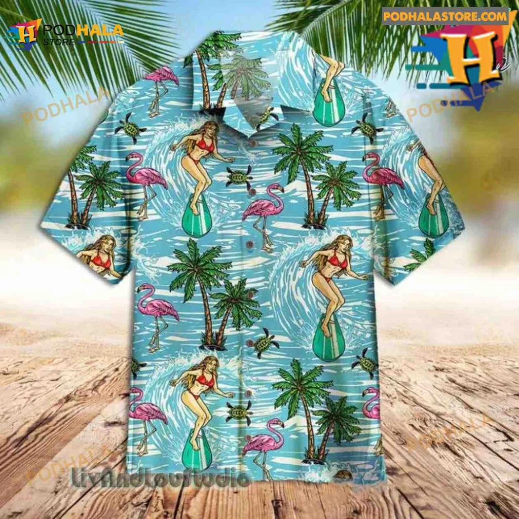 Vintage Surfing Girl Hawaiian Shirt With Tropical Waves And Palm Trees