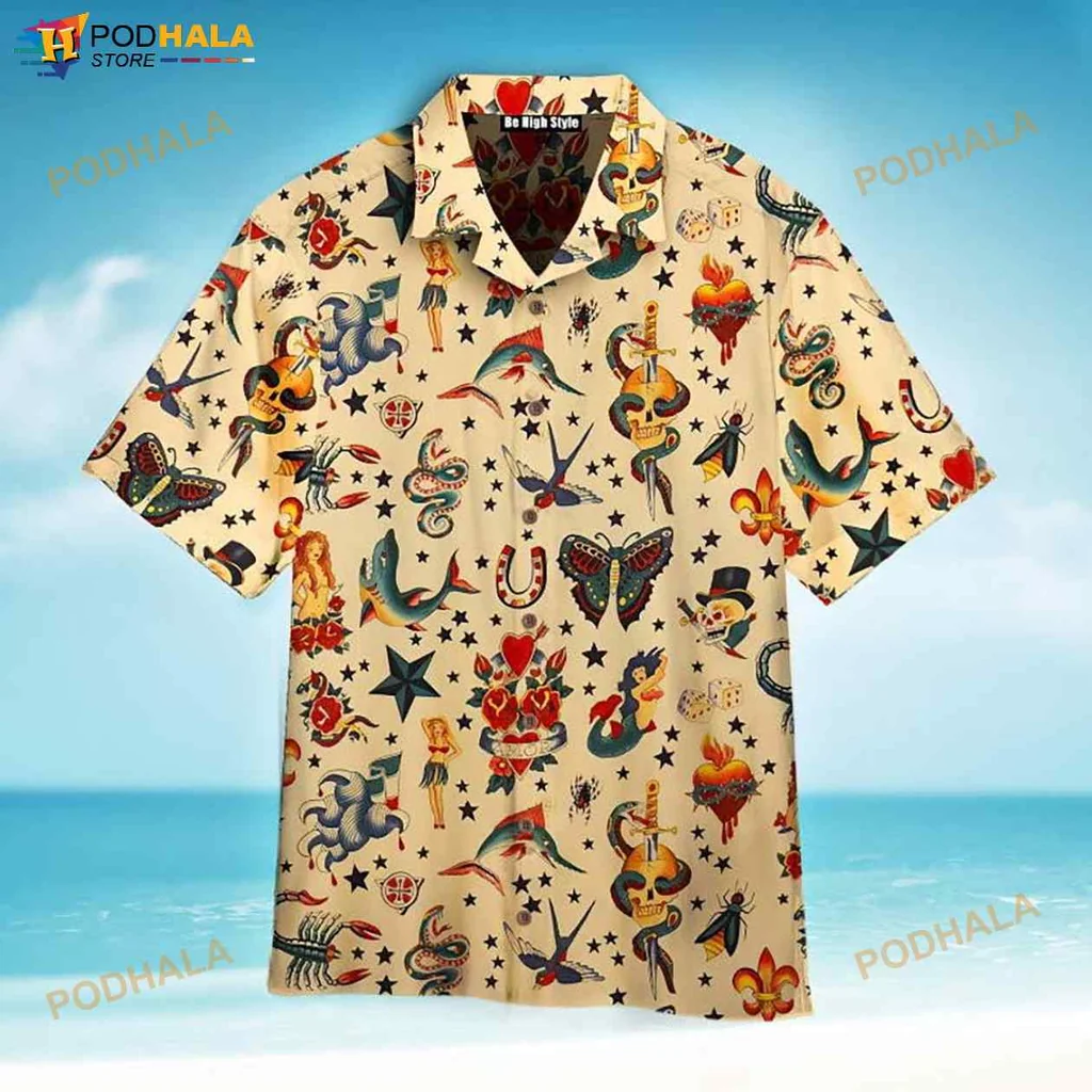 Vintage Tattoo Motifs Hawaiian Shirt With Colorful Butterflies And Ships