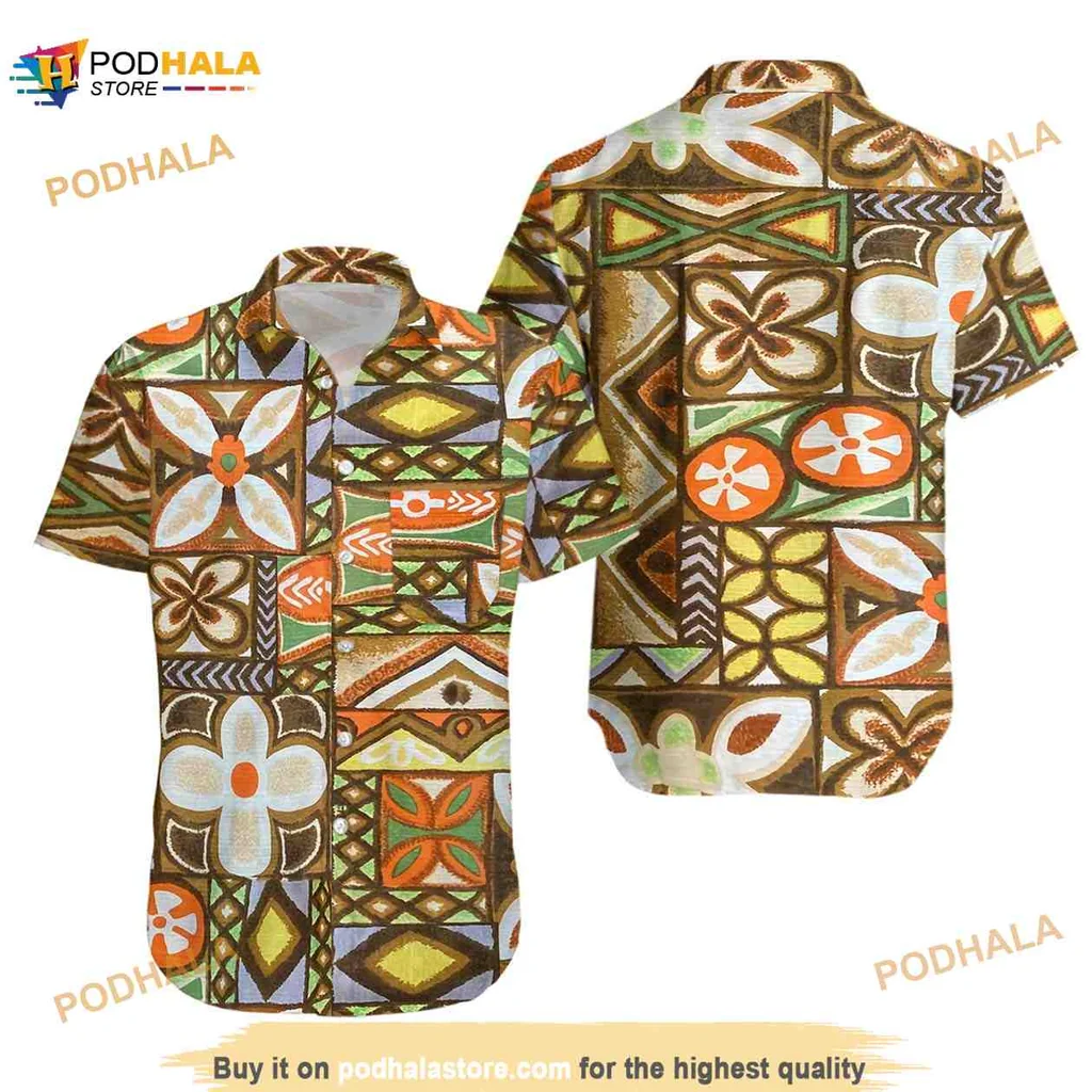 Vintage Tiki Pattern Hawaiian Shirt With Geometric And Floral Motifs