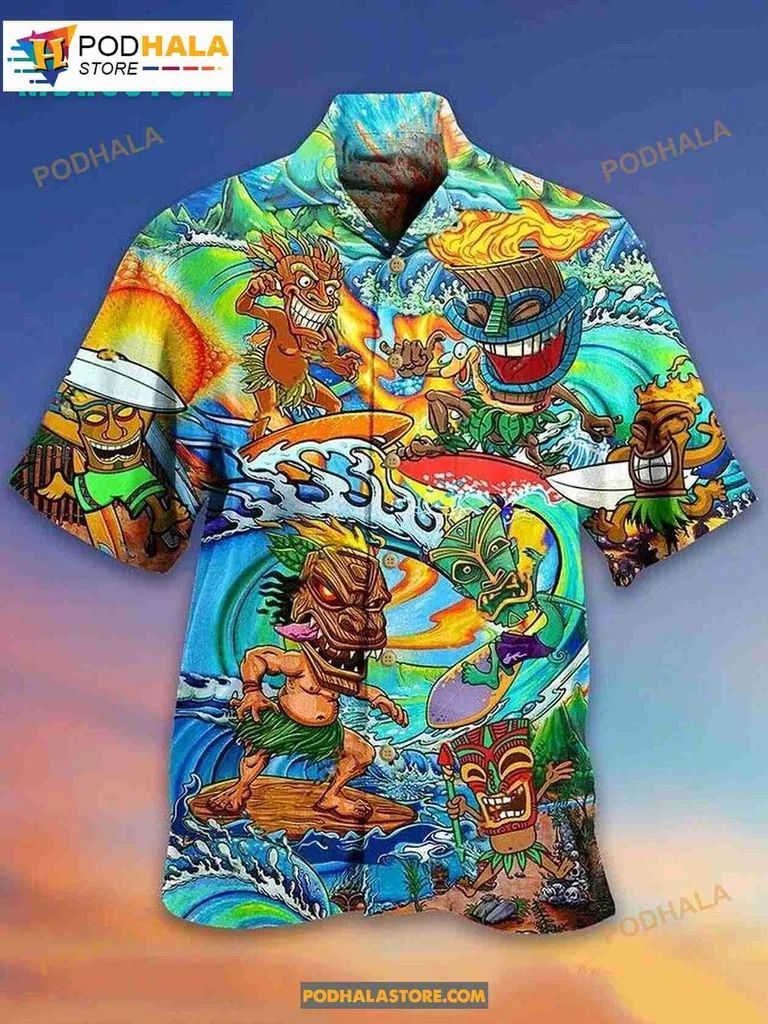 Vintage Tiki Sunset Hawaiian Shirt With Colorful Tropical Design
