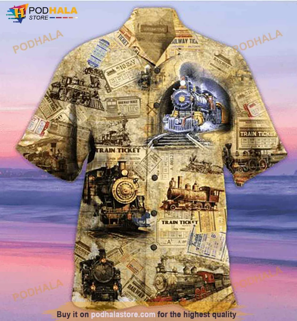 Vintage Train Locomotive Hawaiian Shirt With Retro Railway Graphics