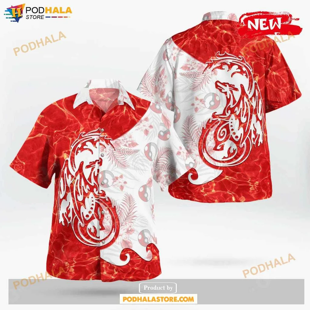 Vintage Tribal Dragon Aloha Shirt, Vibrant Charizard Inspired Tropical Shirt For Men And Women
