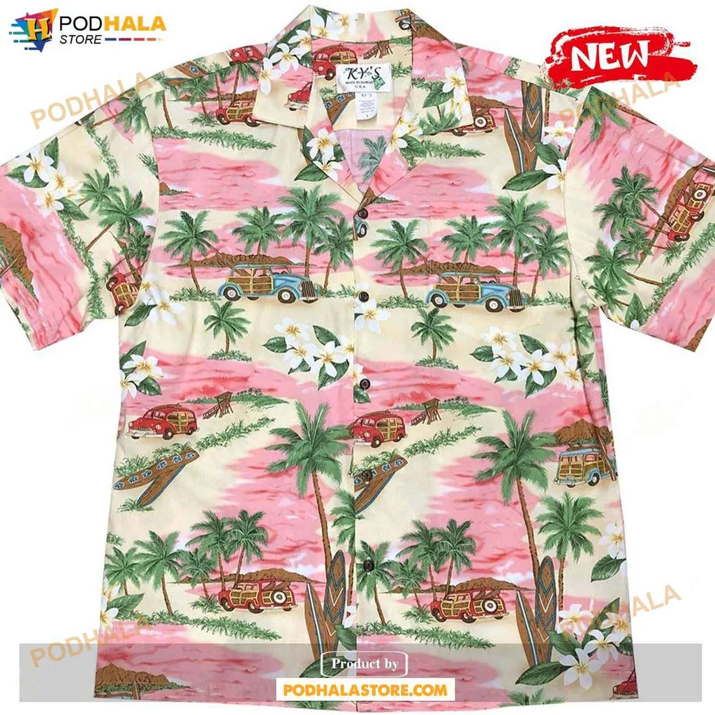 Vintage Tropical Aloha Shirt, Pink Tropical Summer Shirt With Classic Cars And Palm Trees
