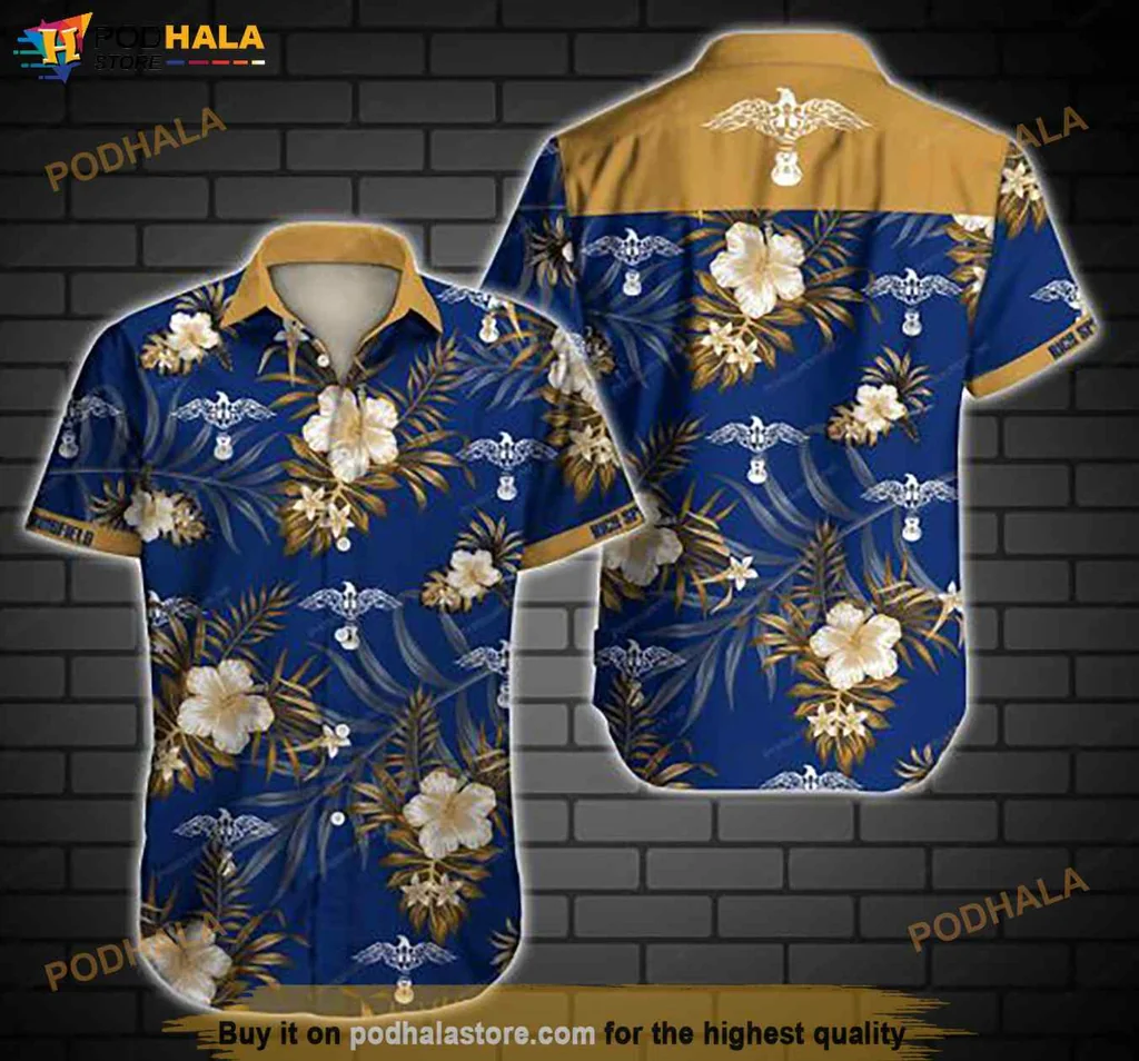 Vintage Tropical Aloha Shirt, Vibrant Blue Gold Hibiscus Palm Leaf Shirt For Women