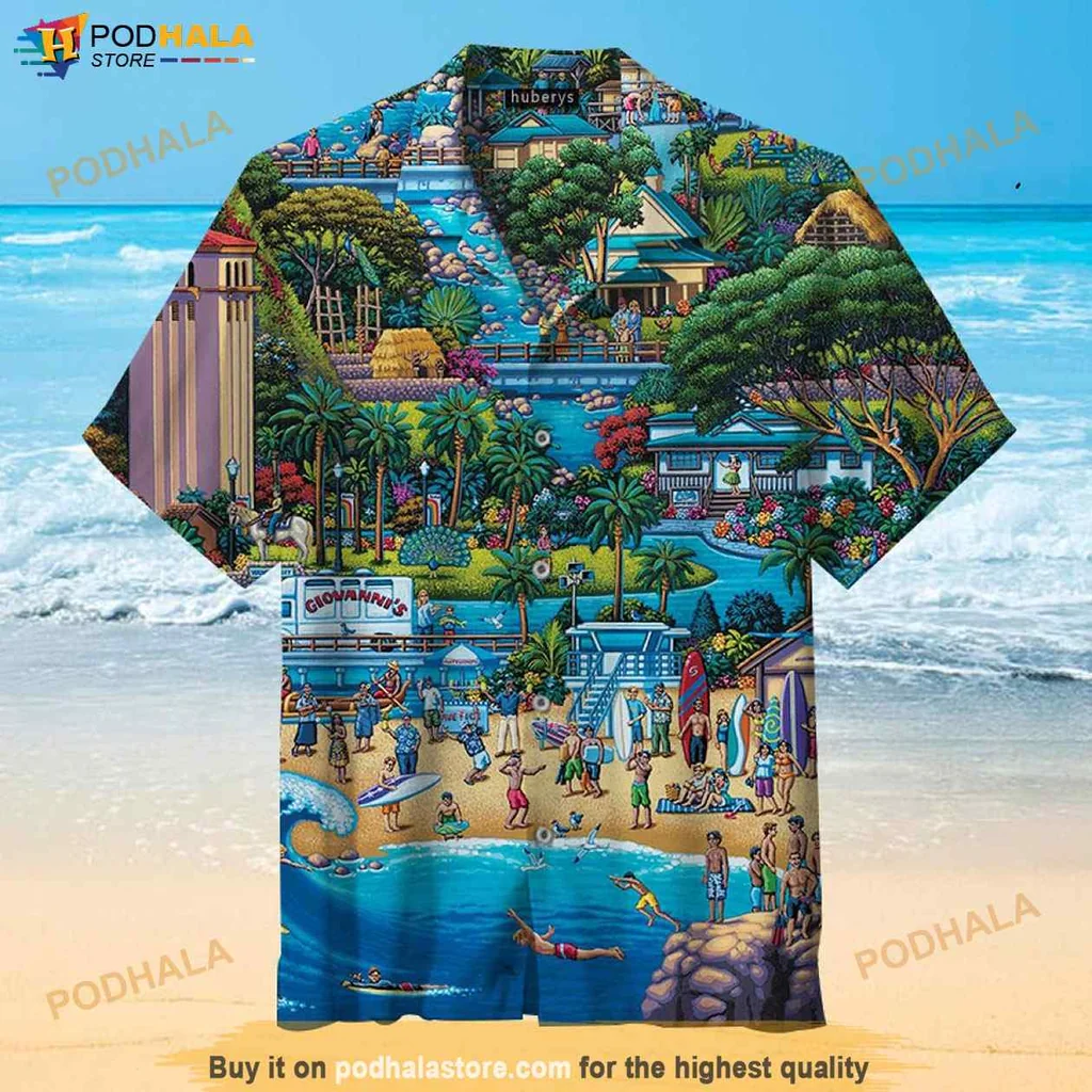 Vintage Tropical Beach Hawaiian Shirt, Vibrant Tropical Scene For Women