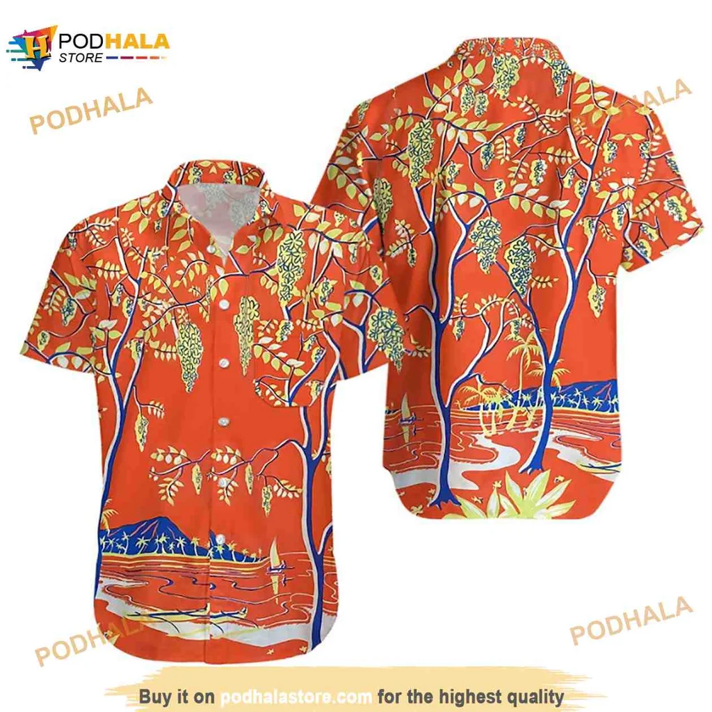Vintage Tropical Hawaiian Shirt With Orange Foliage And Blue Water Design