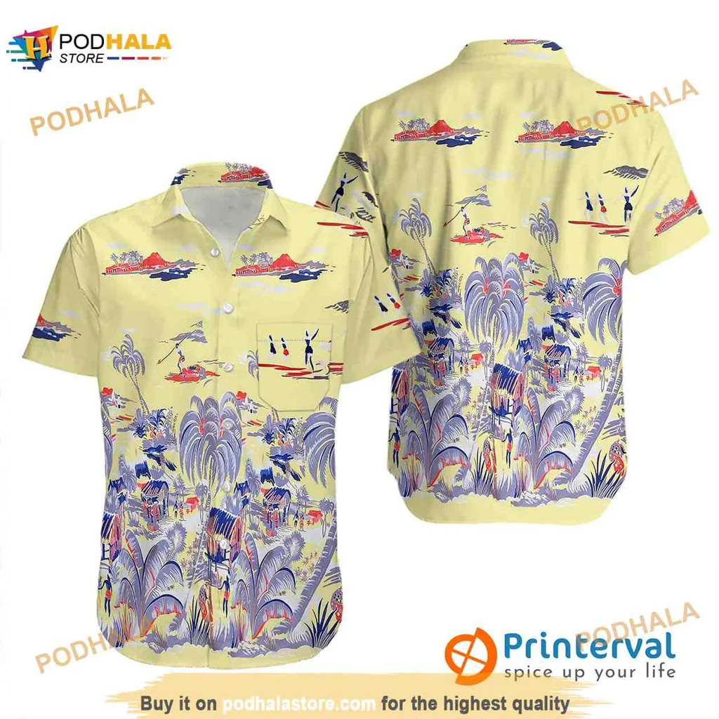 Vintage Tropical Hawaiian Shirt With Palm Trees And Surfers