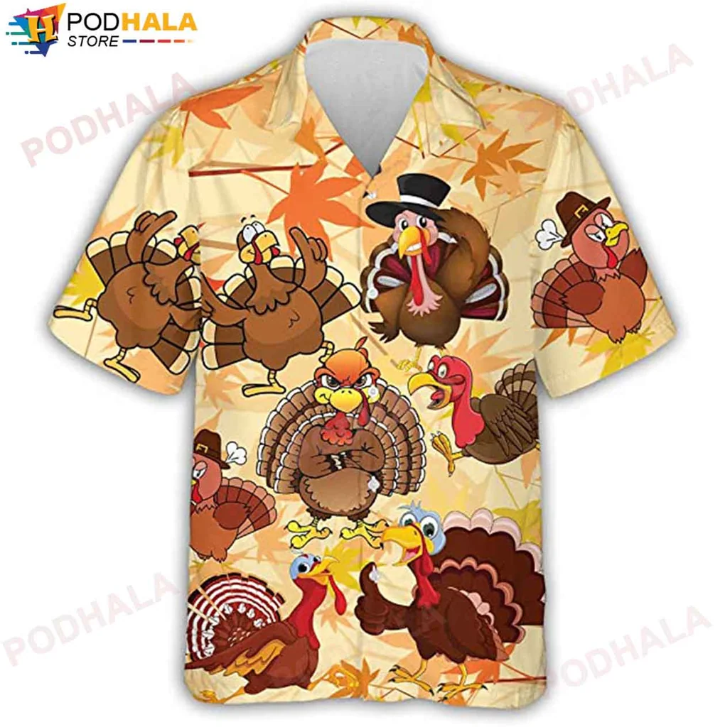 Vintage Turkey Cartoon Aloha Shirt, Festive Thanksgiving Hawaiian Shirt With Playful Turkeys