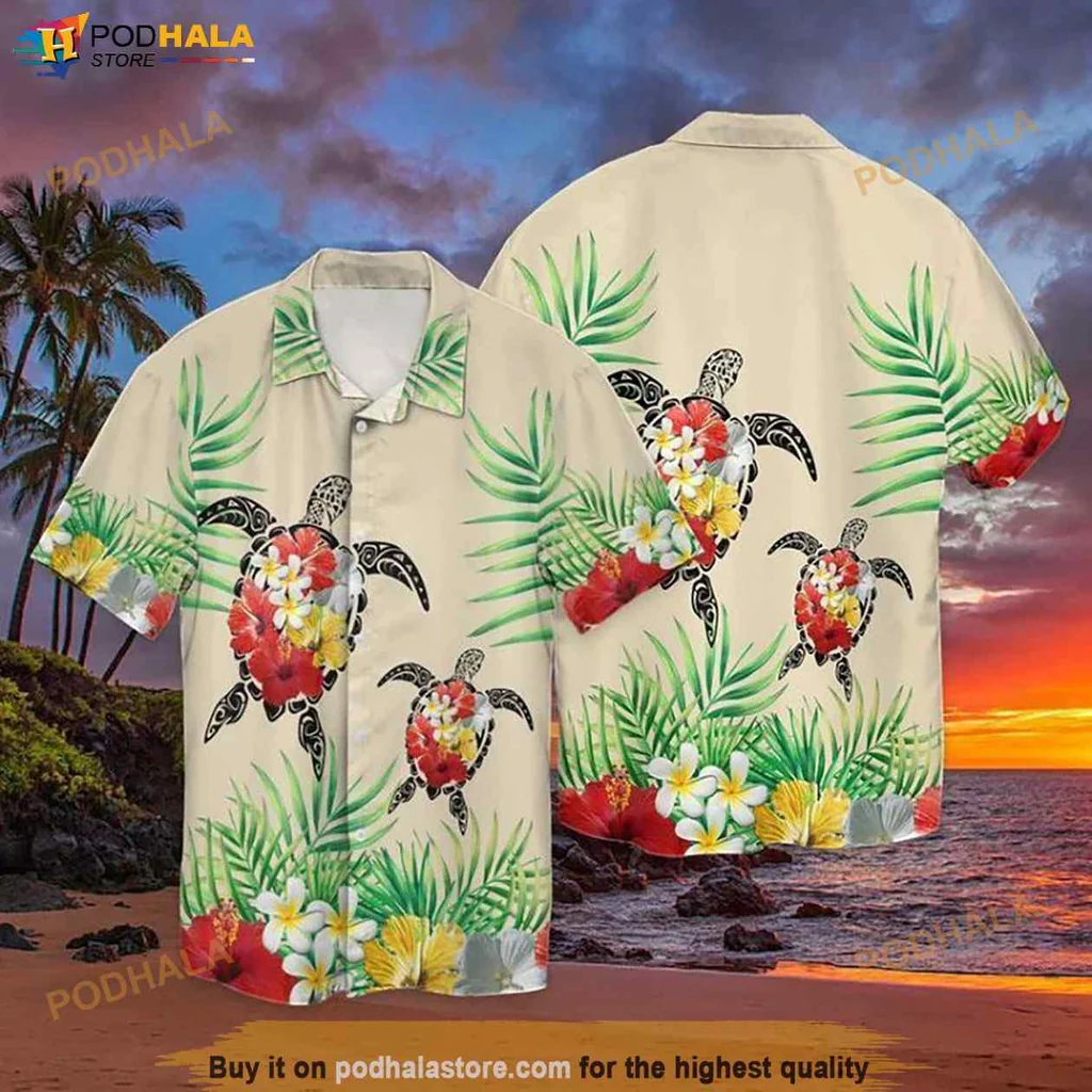 Vintage Turtle Aloha Shirt, Vibrant Tropical Design With Turtles And Flowers