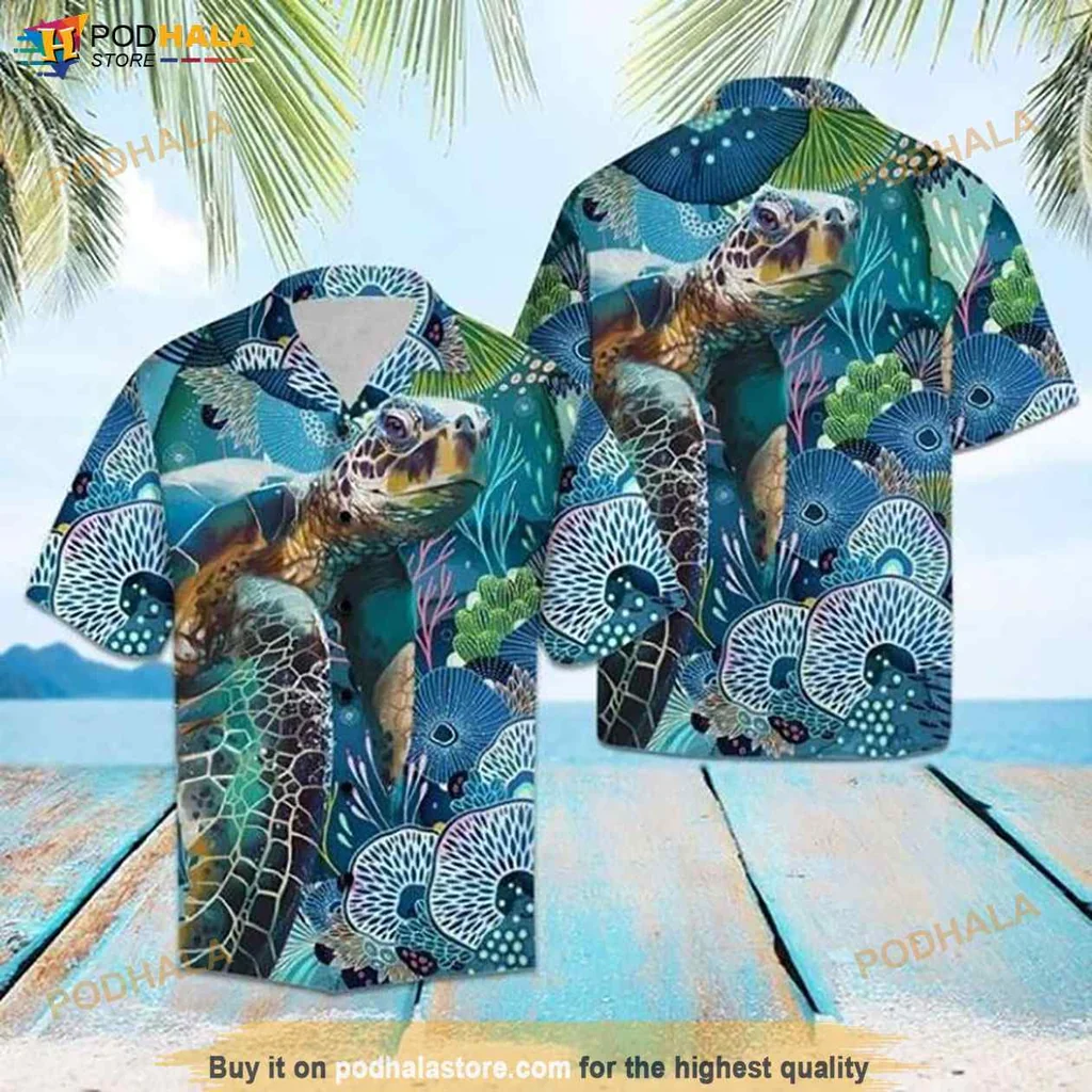 Vintage Turtle Tropical Hawaiian Shirt, Vibrant Underwater Scene With Coral And Sea Plants