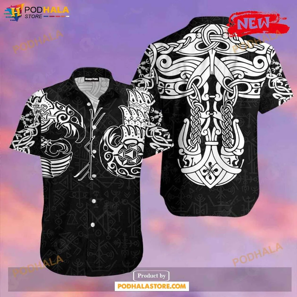 Vintage Viking Motifs Hawaiian Shirt, Bold Black And White Norse Design
