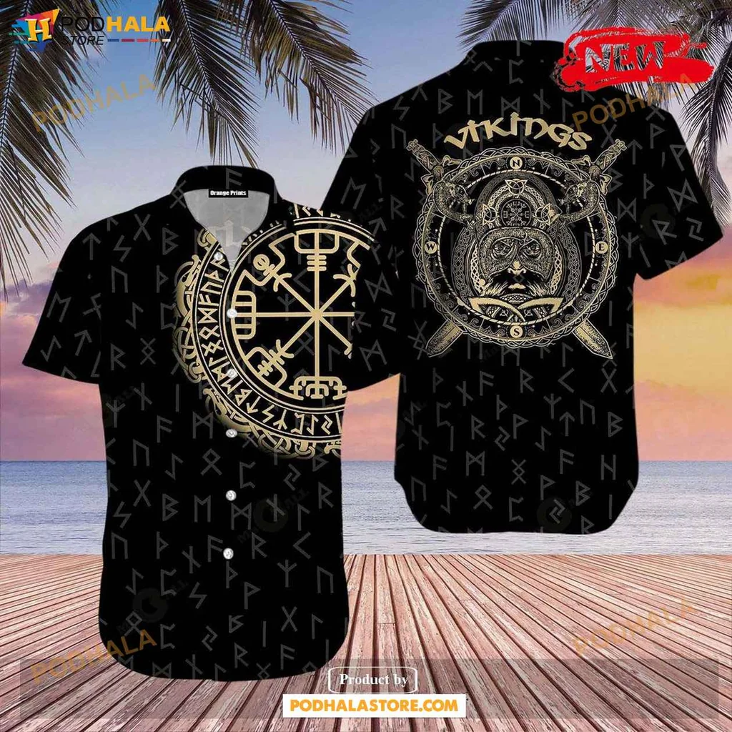 Vintage Viking Runes Hawaiian Shirt, Bold Black Design For Summer Protection