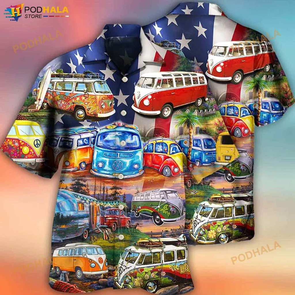 Vintage Vw Camping Hawaiian Shirt With American Flag And Palm Trees