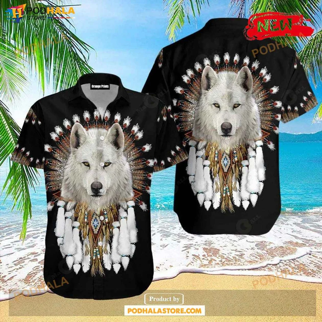 Vintage Wolf Aloha Shirt, Native American Style Tropical Shirt For Summer