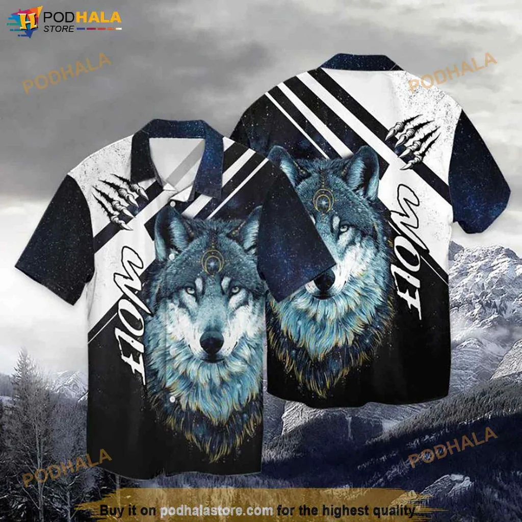 Vintage Wolf Face Hawaiian Shirt, Bold Wolf Graphic With Blue Eyes