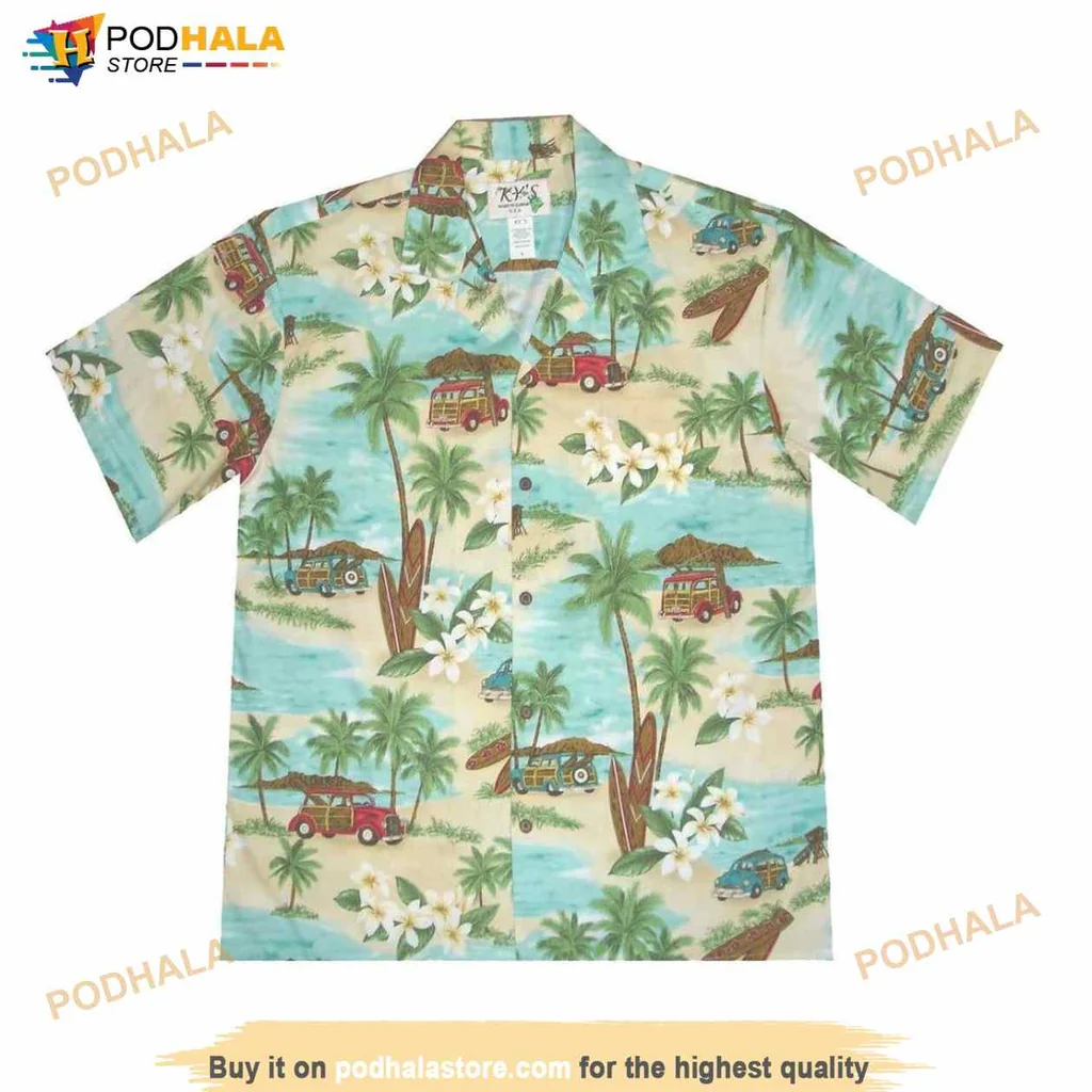 Vintage Woody Car Hawaiian Shirt With Tropical Landscape And Hibiscus Flowers