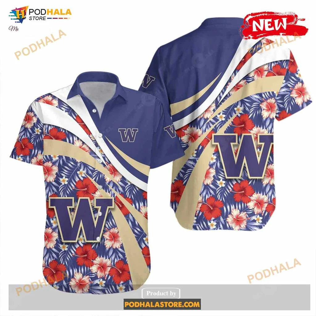 Washington Huskies Aloha Shirt With Vibrant Hibiscus Floral Design Washington Huskies Aloha Shirt With Vibrant Hibiscus Floral Design