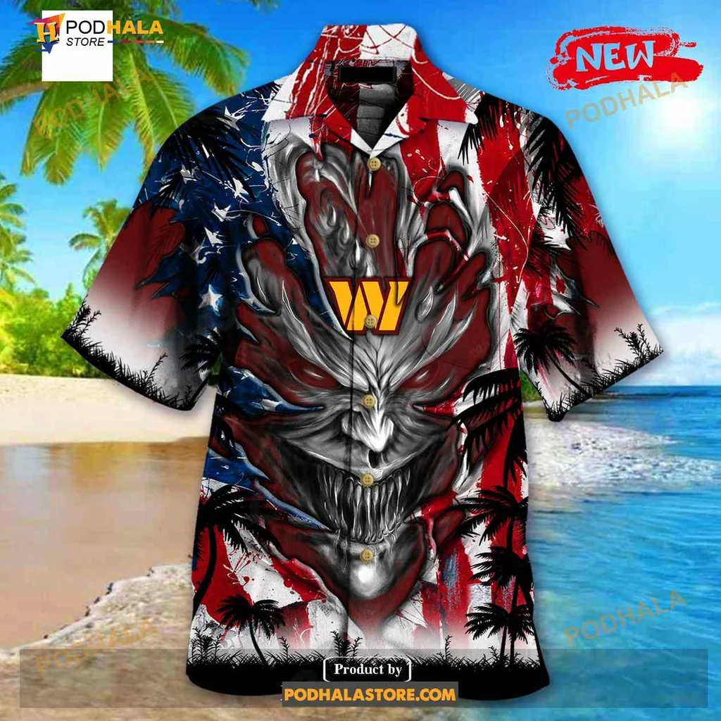 Washington Redskins Demon Face Hawaiian Shirt With Us Flag Design
