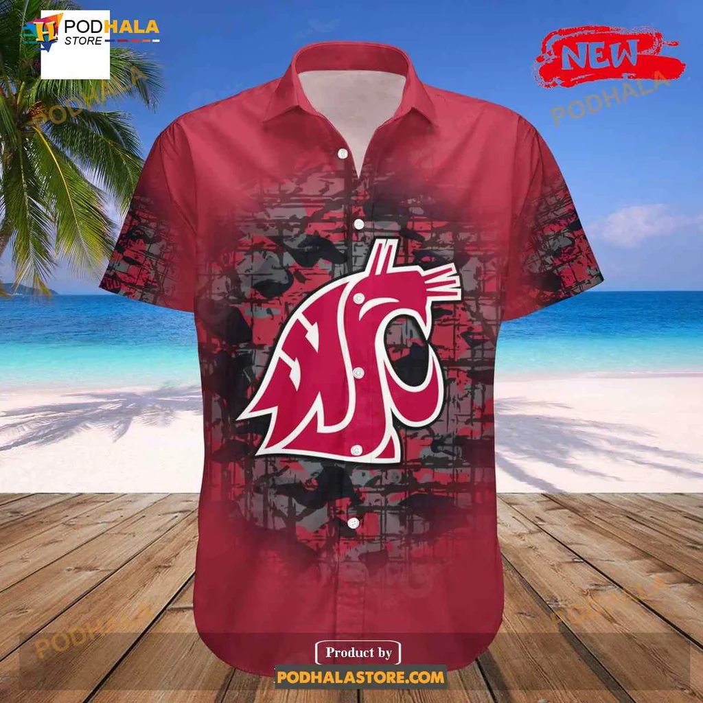 Washington State Cougars Camouflage Aloha Shirt With Customizable Text Washington State Cougars Camouflage Aloha Shirt With Customizable Text