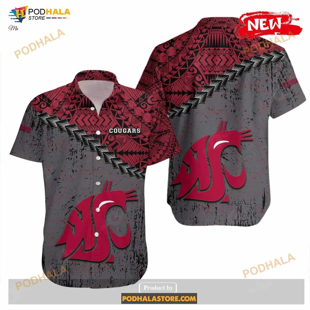Washington State Cougars Hawaiian Shirt With Grunge Polynesian Tattoo Design