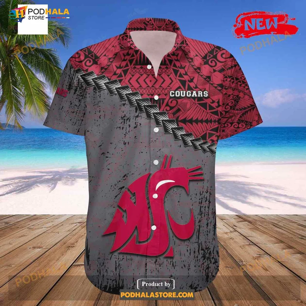 Washington State Cougars Aloha Shirt With Grunge Polynesian Tattoo Design Washington State Cougars Aloha Shirt With Grunge Polynesian Tattoo Design