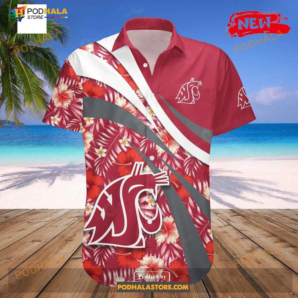 Washington State Cougars Aloha Shirt With Hibiscus Floral Design Washington State Cougars Aloha Shirt With Hibiscus Floral Design