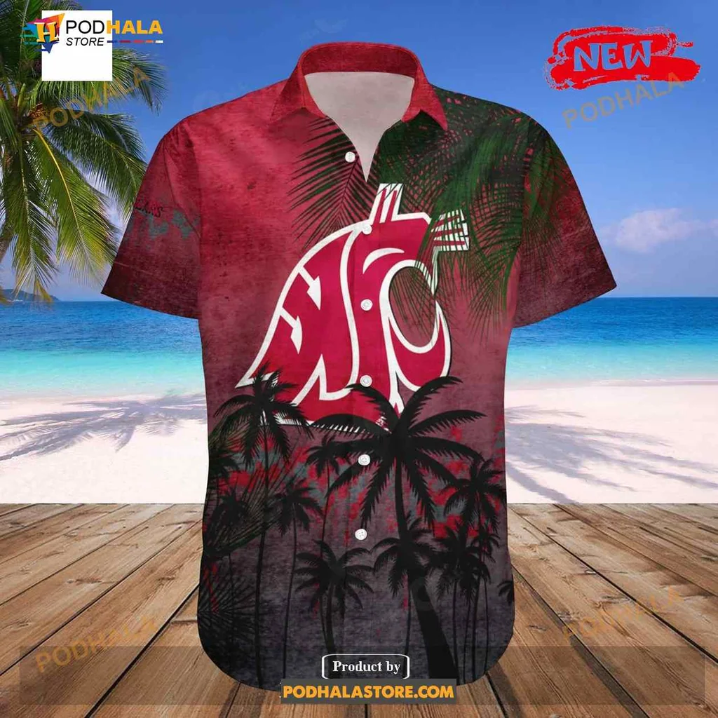 Washington State Cougars Aloha Shirt With Tropical Palm Tree Design Washington State Cougars Aloha Shirt With Tropical Palm Tree Design