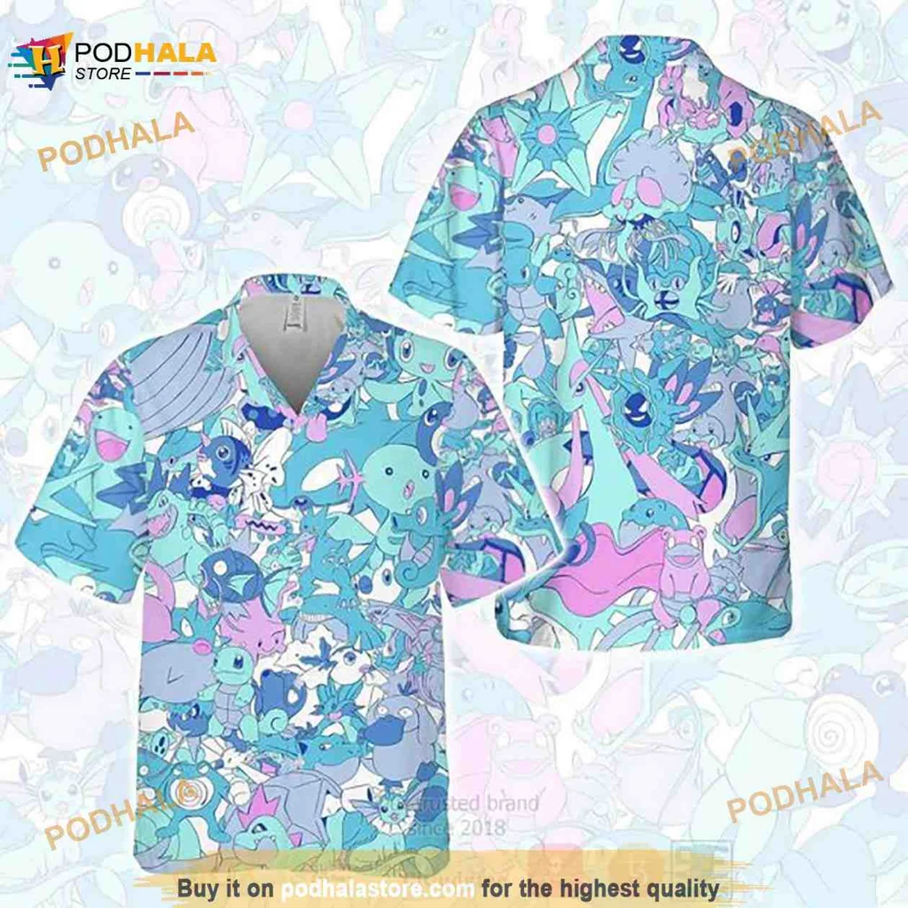 Water Type Pokemon Aloha Shirt Featuring Vaporeon, Squirtle, And Lapras