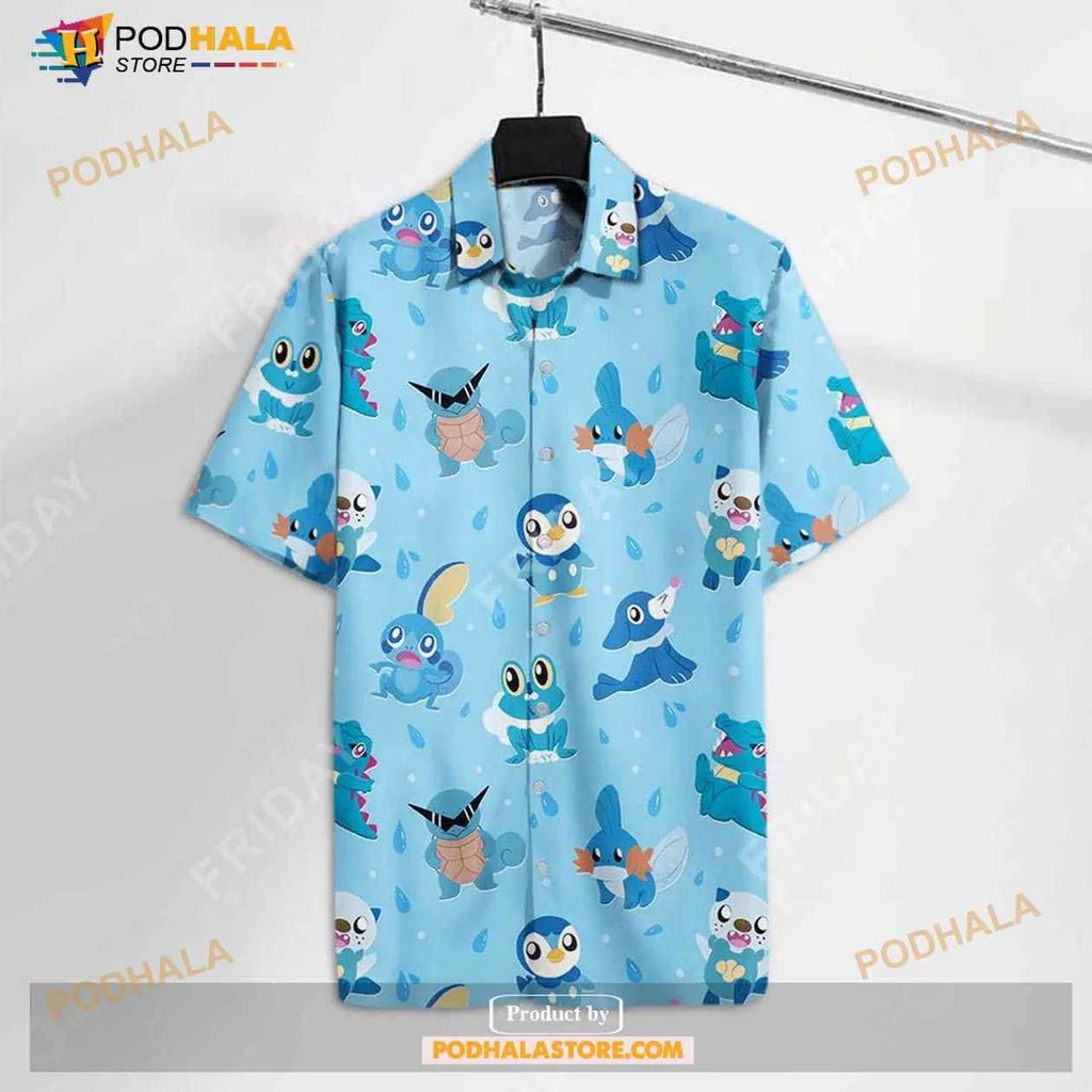 Water Type Pokemon Hawaiian Shirt Featuring Oshawott, Squirtle, And Totodile