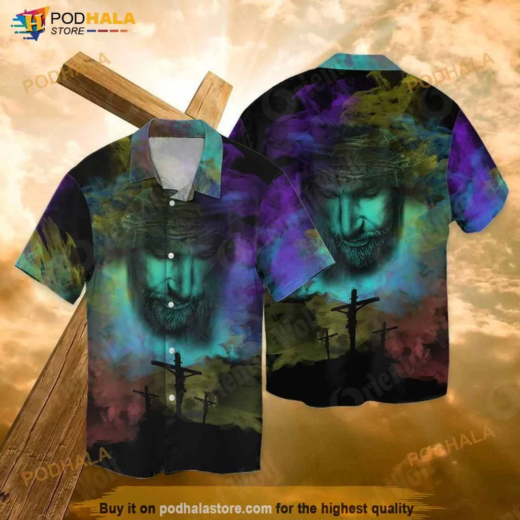 Watercolor Jesus Hawaiian Shirt With Serene Expression And Crosses