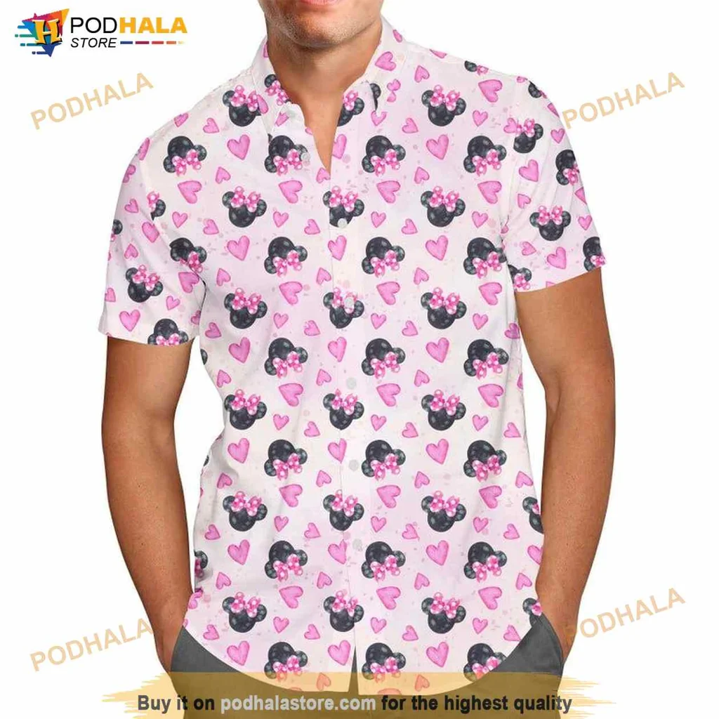Watercolor Minnie Mouse Hawaiian Shirt With Pink Hearts