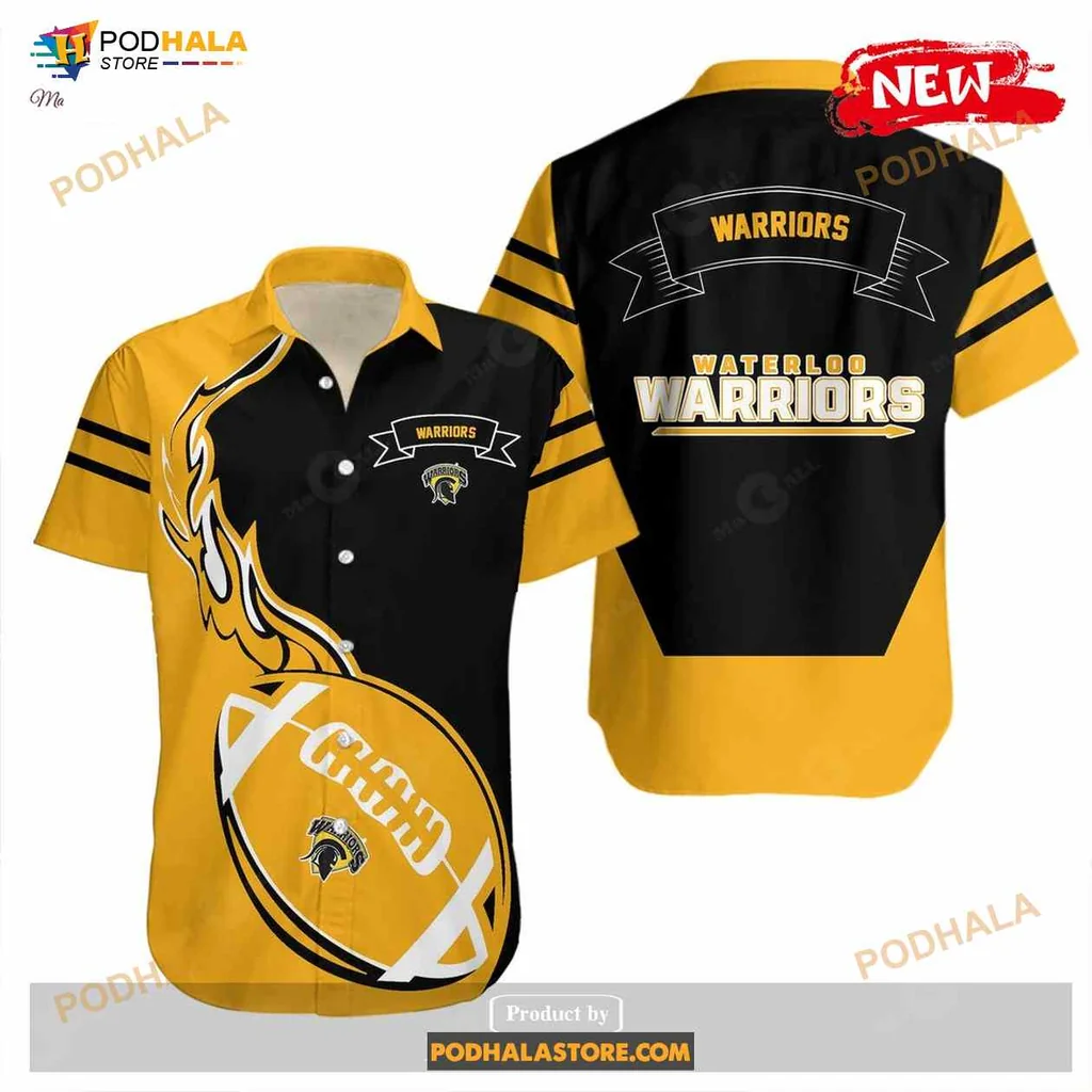 Waterloo Warriors Aloha Shirt With Flame Football Design Waterloo Warriors Aloha Shirt With Flame Football Design