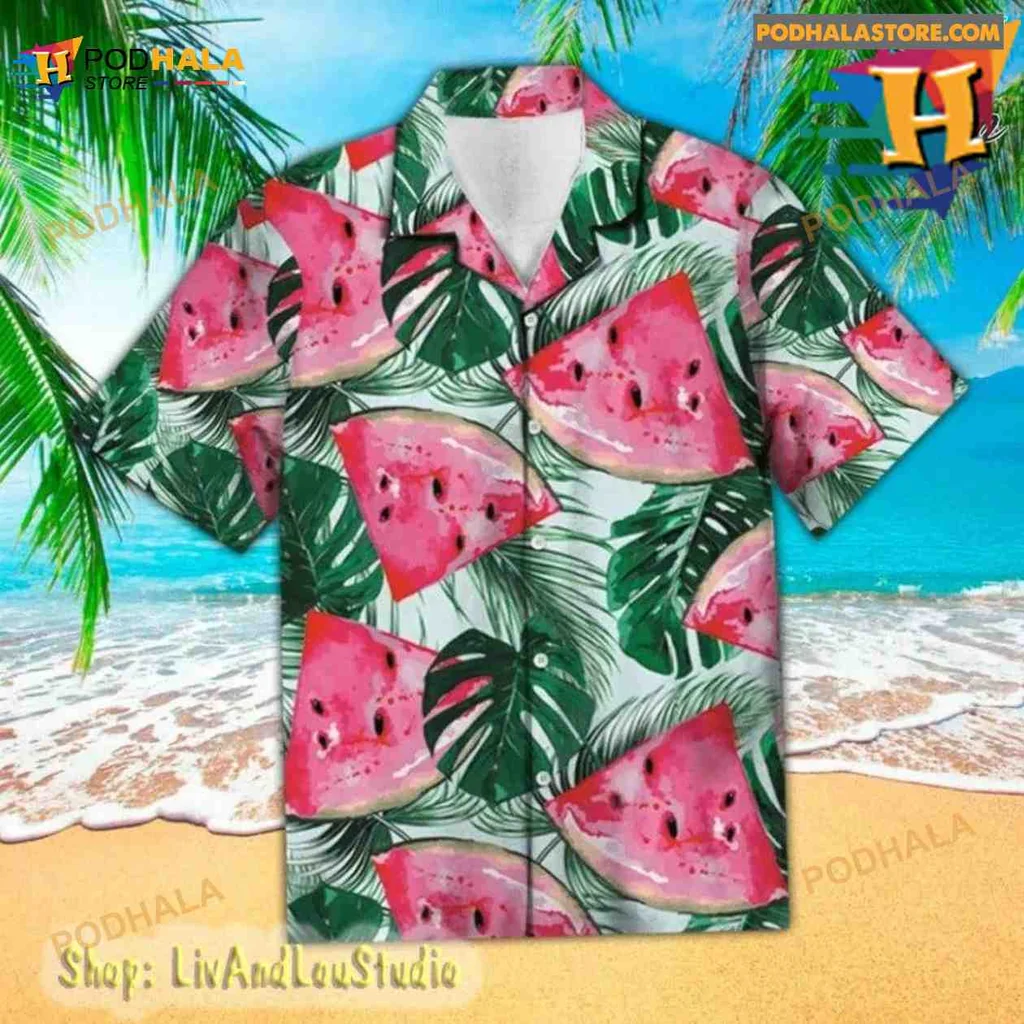 Watermelon Tropical Hawaiian Shirt With Lush Green Palm Leaves