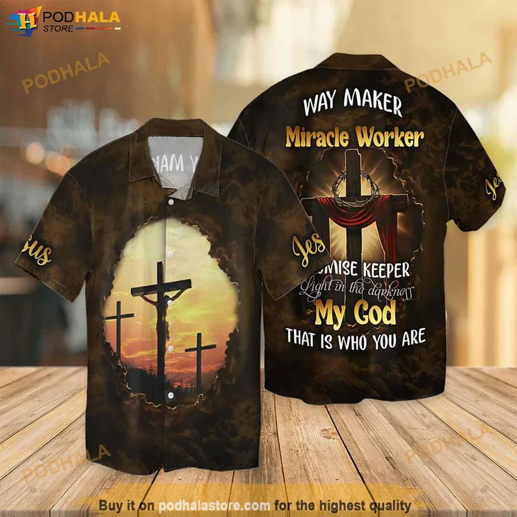 Way Maker Miracle Worker Hawaiian Shirt, Christian Three Cross Faith Sunset Jesus Gift