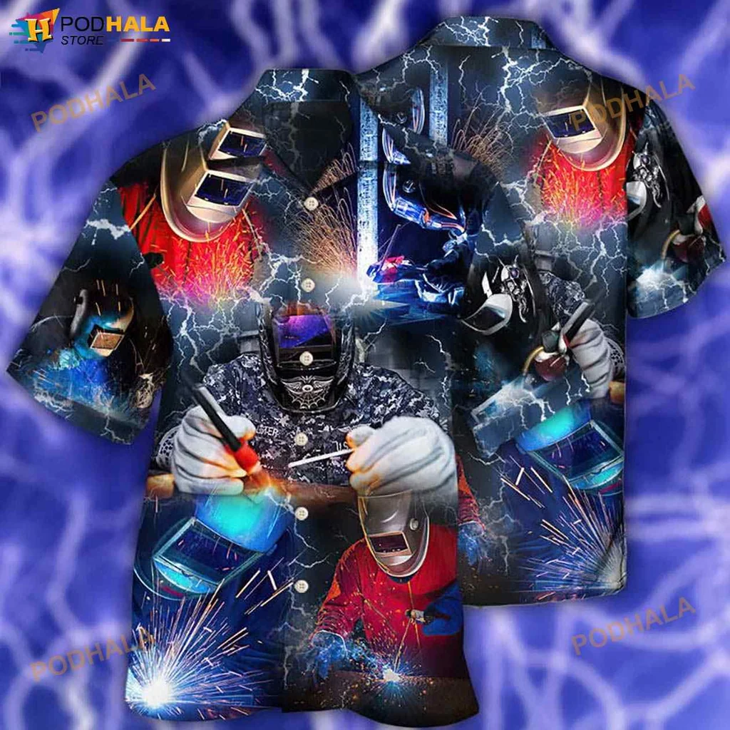 Welder Cool Hawaiian Shirt With Vibrant Welding Design And Sparks