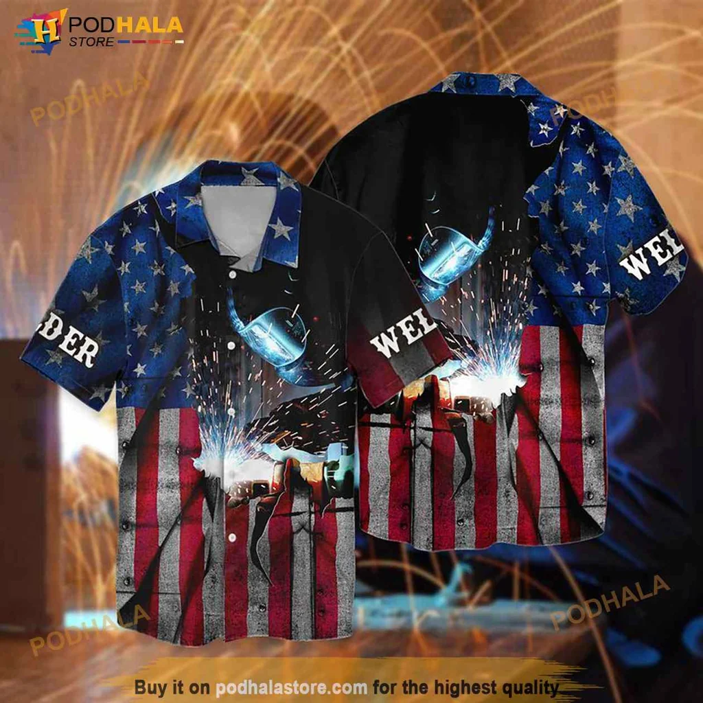 Welding American Flag Hawaiian Shirt With Bold Patriotic Design