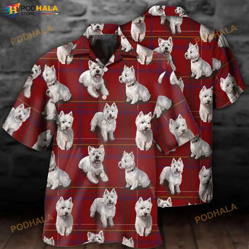 West Highland Terrier Hawaiian Shirt With Playful Red Background