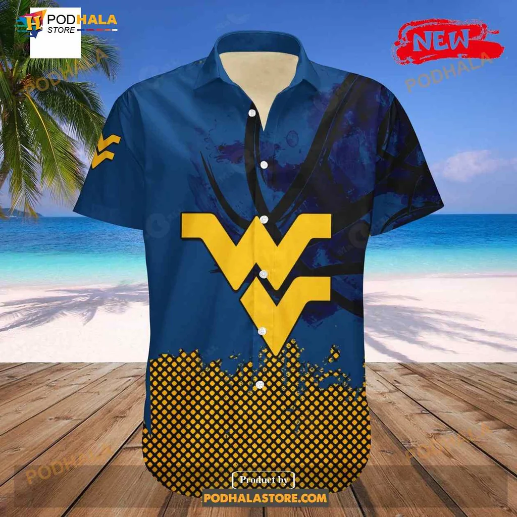 West Virginia Mountaineers Hawaiian Shirt, Grunge Pattern With Logo